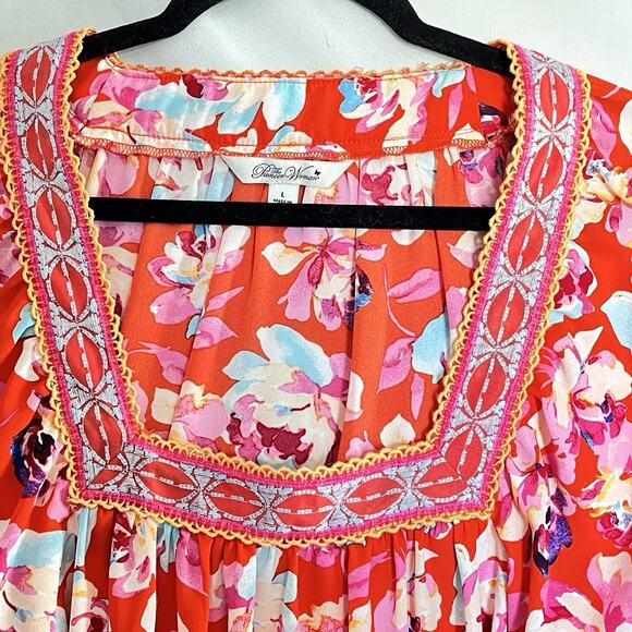 Pioneer Woman Square Neck Top Embroidered Semi-Sheer Floral Art Boho SZ L - Picture 2 of 11